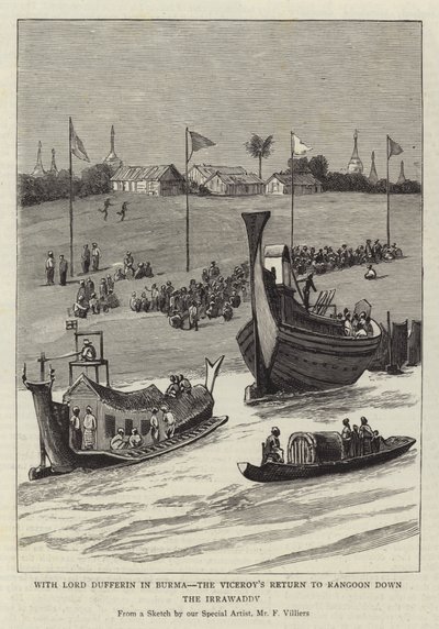 مع اللورد دوفيرين في بورما ، عودة نائب الملك إلى رانغون أسفل إيراوادي بواسطة فريدريك فيليرز